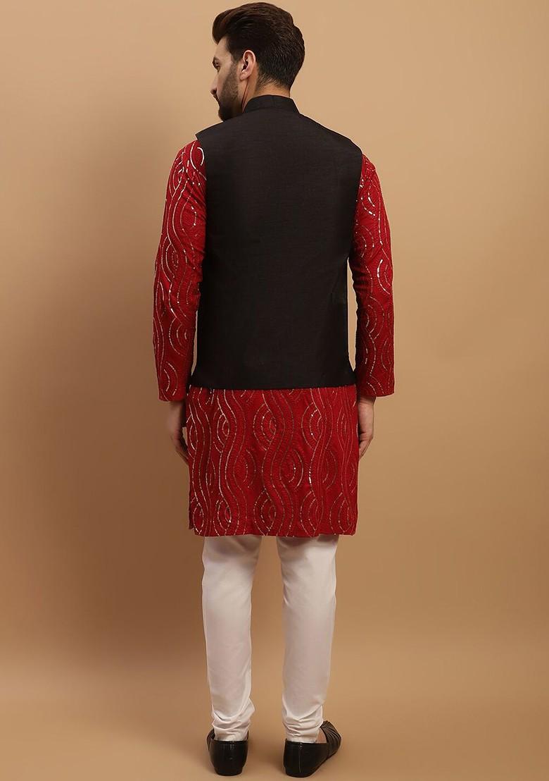 Maroon Embroidered Cotton Kurta Set For Men