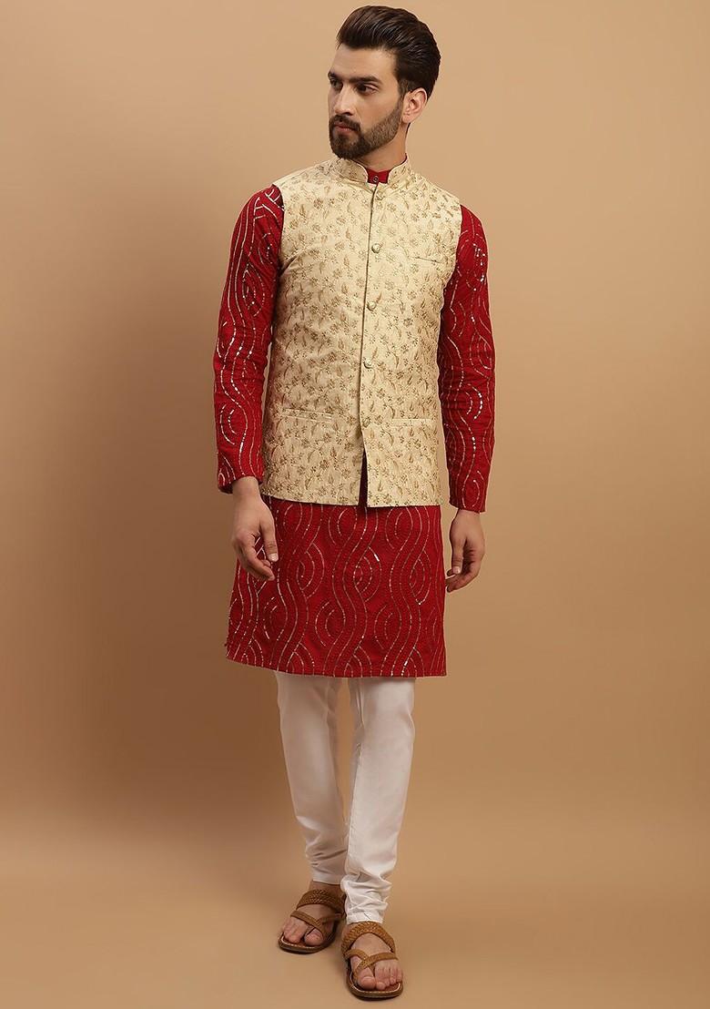 Maroon Embroidered Cotton Kurta Set For Men