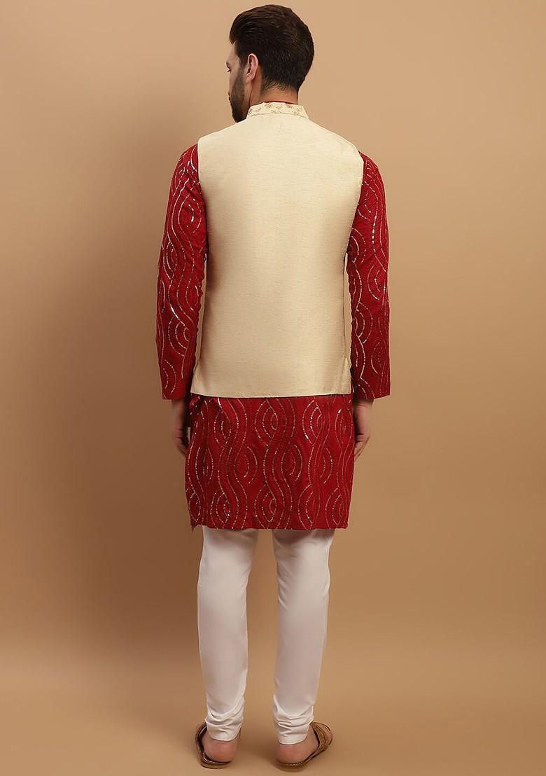 Maroon Embroidered Cotton Kurta Set For Men