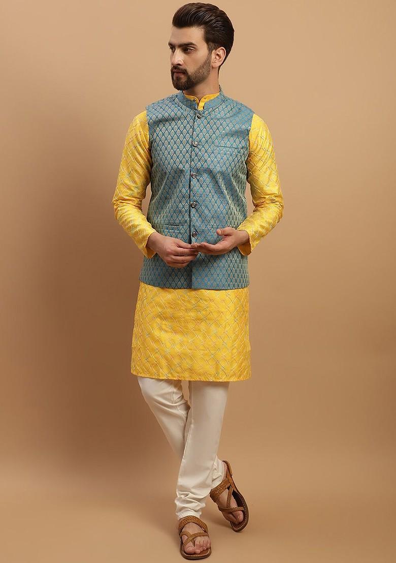 Mustard Embroidered Poly Blend Kurta Set For Men