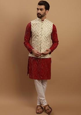Maroon Embroidered Cotton Kurta Set For Men