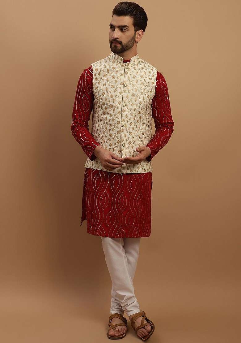 Maroon Embroidered Cotton Kurta Set For Men - Indya