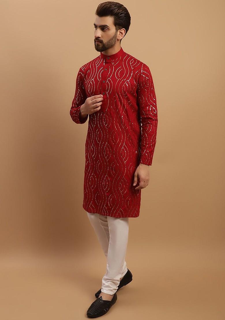 Maroon Embroidered Cotton Kurta Set For Men
