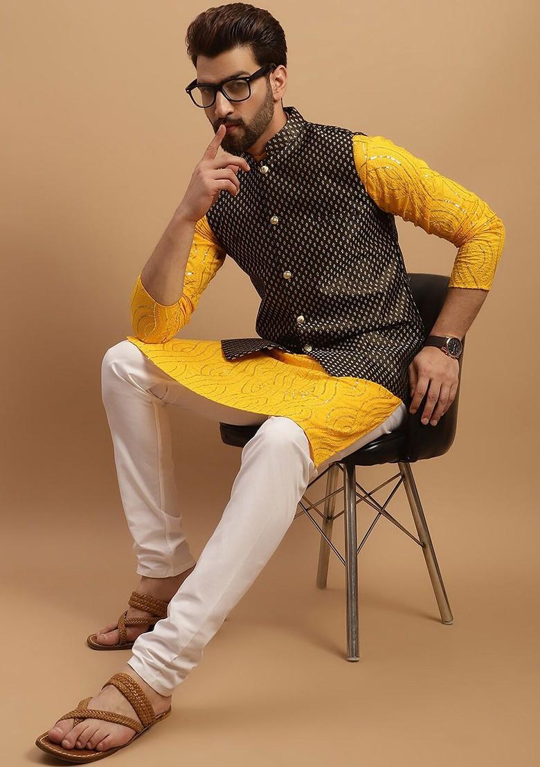 Mustard Woven Cotton Kurta Set For Men