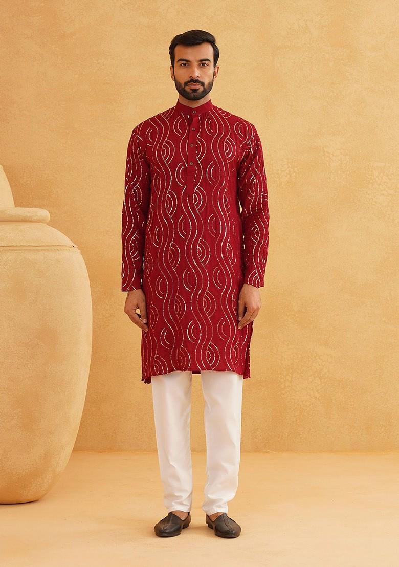 Maroon Embellished Cotton Kurta Set For Men