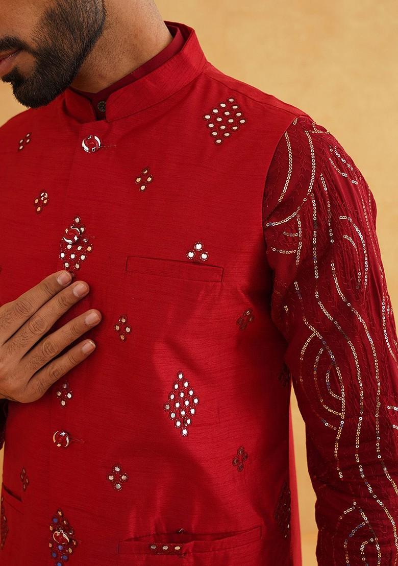 Maroon Embellished Cotton Kurta Set For Men