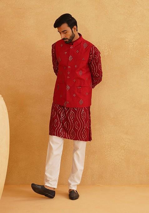 Maroon Embellished Cotton Kurta Set For Men