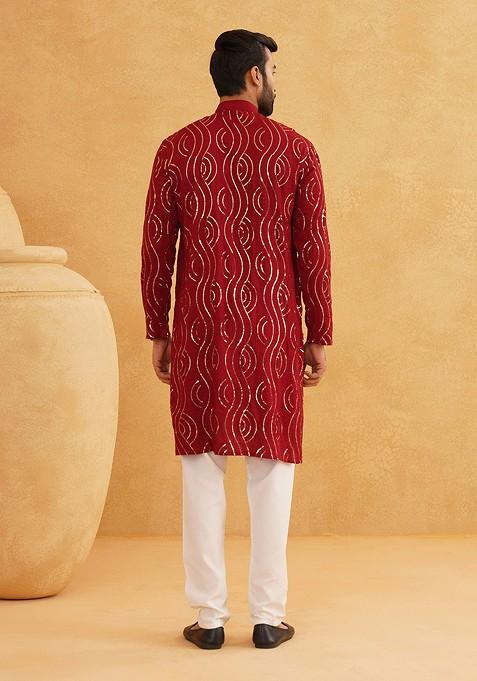 Maroon Embellished Cotton Kurta Set For Men
