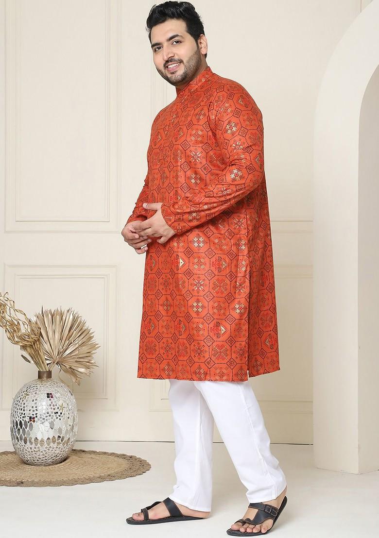 Orange Ethnic Motifs Poly Blend Kurta Set For Men