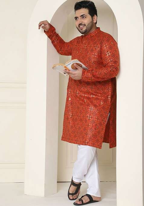 Orange Ethnic Motifs Poly Blend Kurta Set For Men