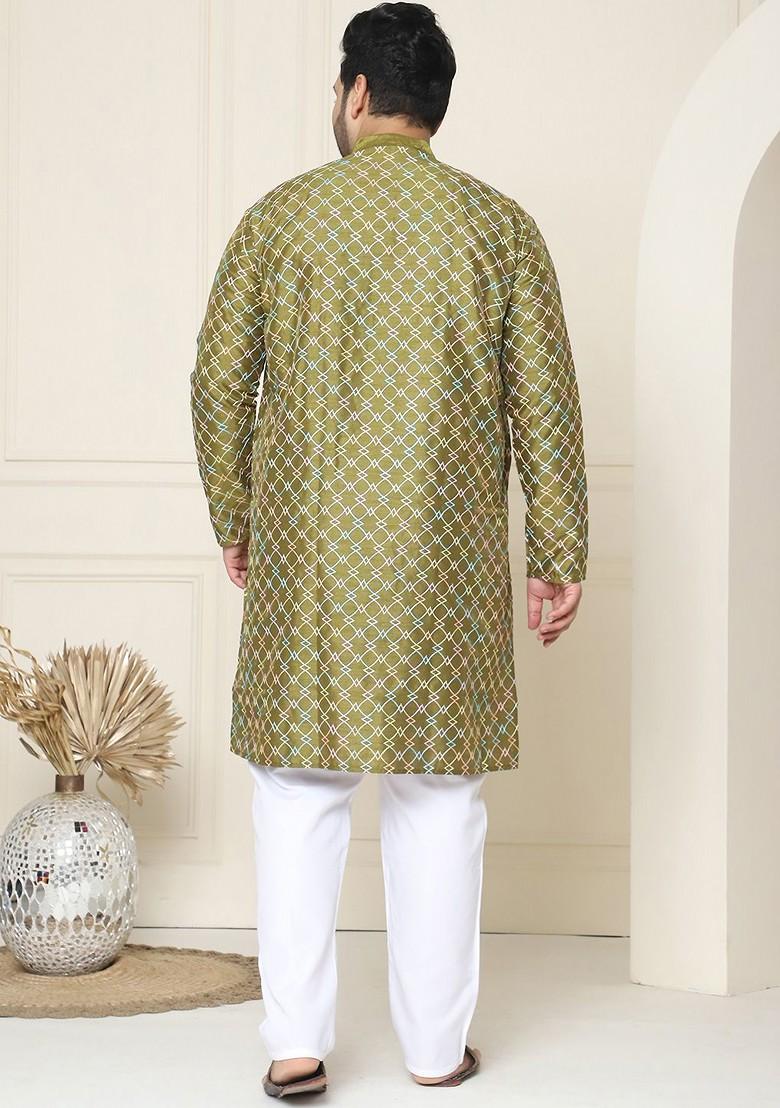 Olive Embroidered Poly Blend Kurta Set For Men