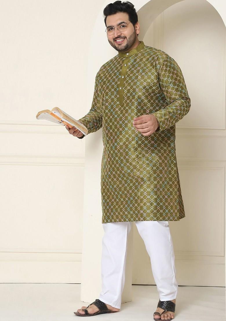 Olive Embroidered Poly Blend Kurta Set For Men