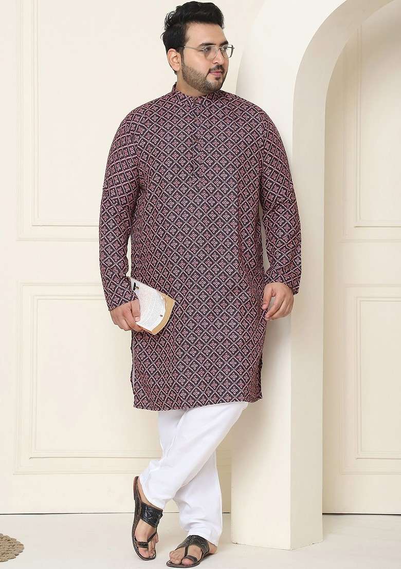 Peach Printed Cotton Kurta Set For Men - Indya