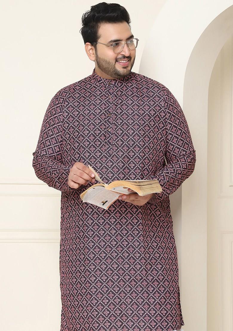 Peach Printed Cotton Kurta Set For Men