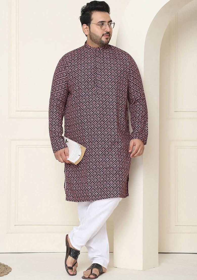 Peach Printed Cotton Kurta Set For Men