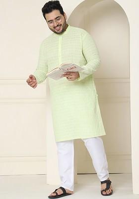 Green Embroidered Cotton Kurta Set For Men