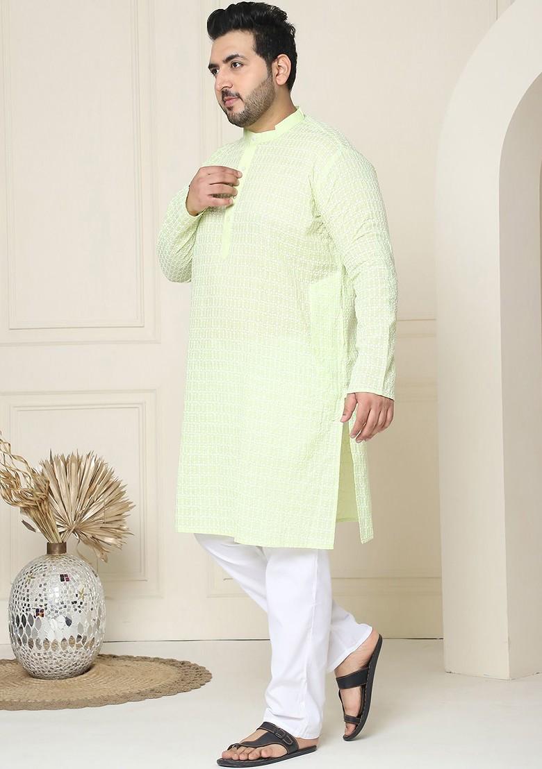 Green Embroidered Cotton Kurta Set For Men