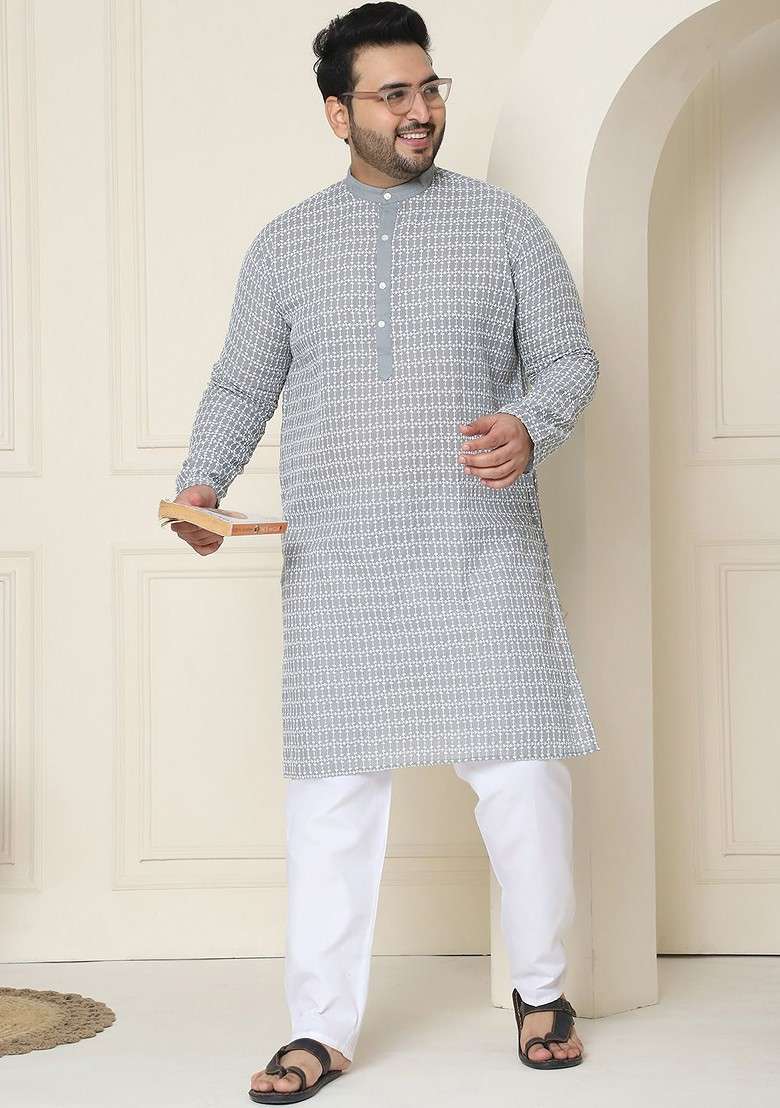 Grey Embroidered Cotton Kurta Set For Men - Indya