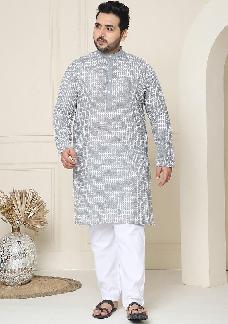 Grey Embroidered Cotton Kurta Set For Men