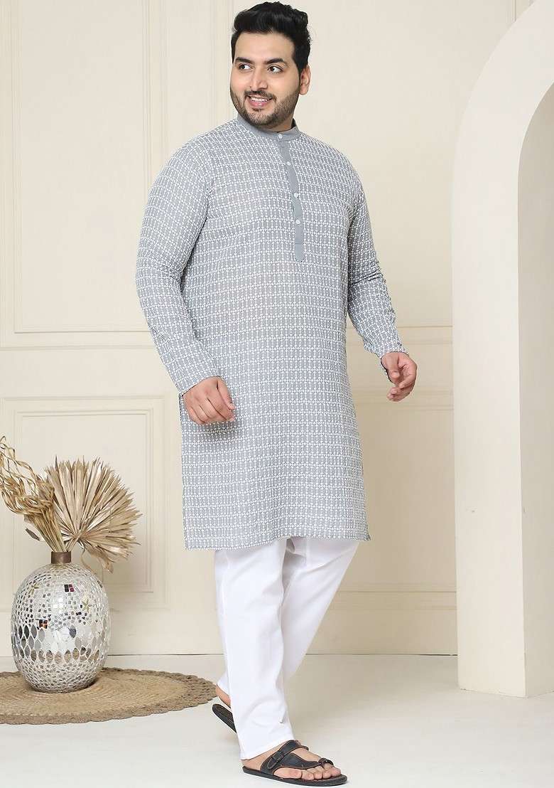 Grey Embroidered Cotton Kurta Set For Men - Indya