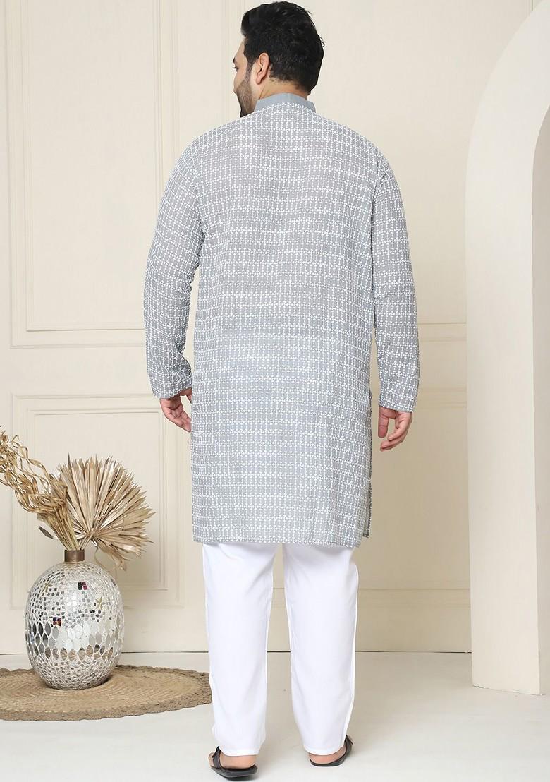 Grey Embroidered Cotton Kurta Set For Men