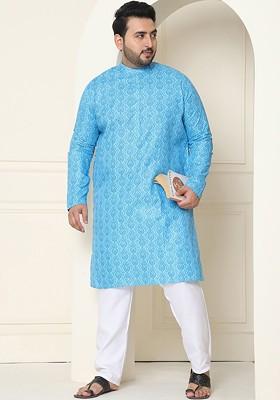 Turquoise Blue Ethnic Motifs Poly Blend Kurta Set For Men