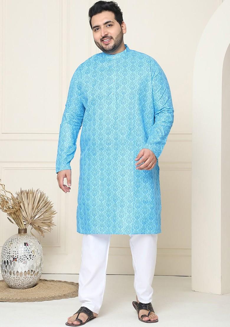 Turquoise Blue Ethnic Motifs Poly Blend Kurta Set For Men