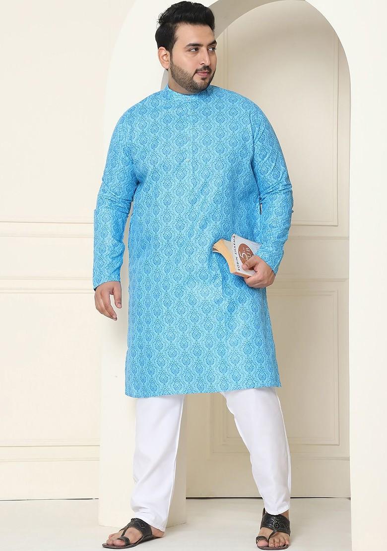 Turquoise Blue Ethnic Motifs Poly Blend Kurta Set For Men