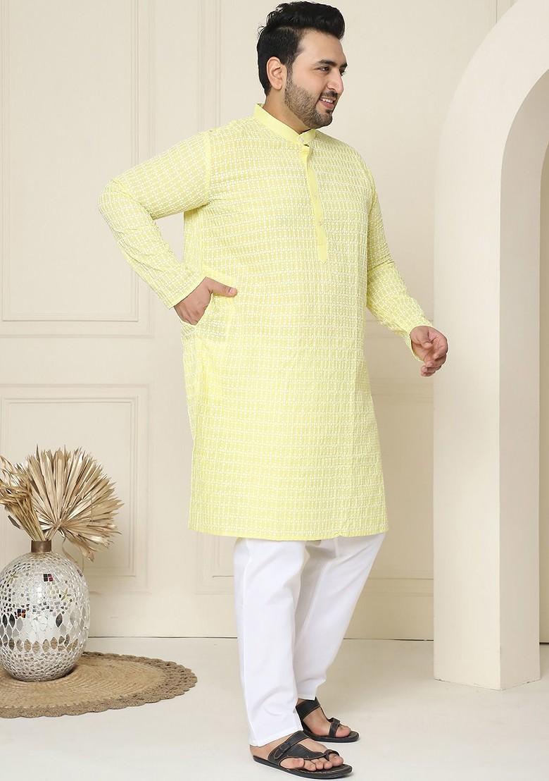 Yellow Embroidered Cotton Kurta Set For Men