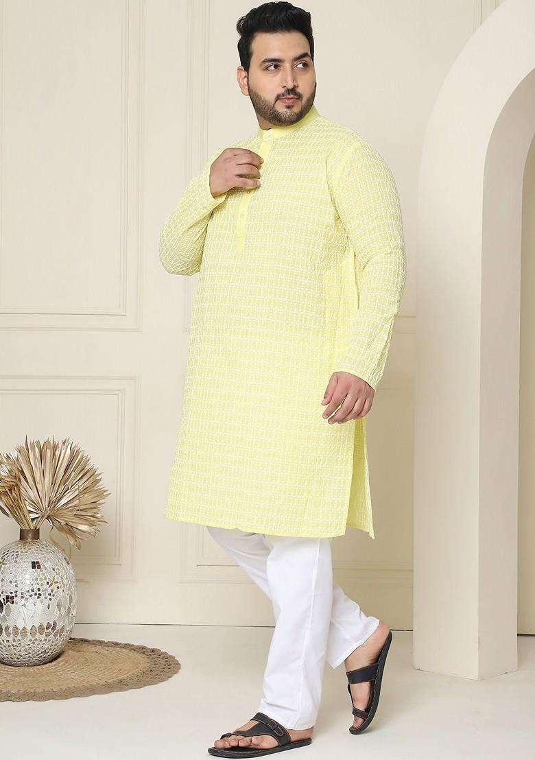 Yellow Embroidered Cotton Kurta Set For Men