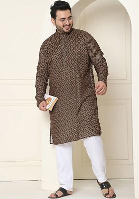 Black Ethnic Motifs Cotton Kurta Set For Men
