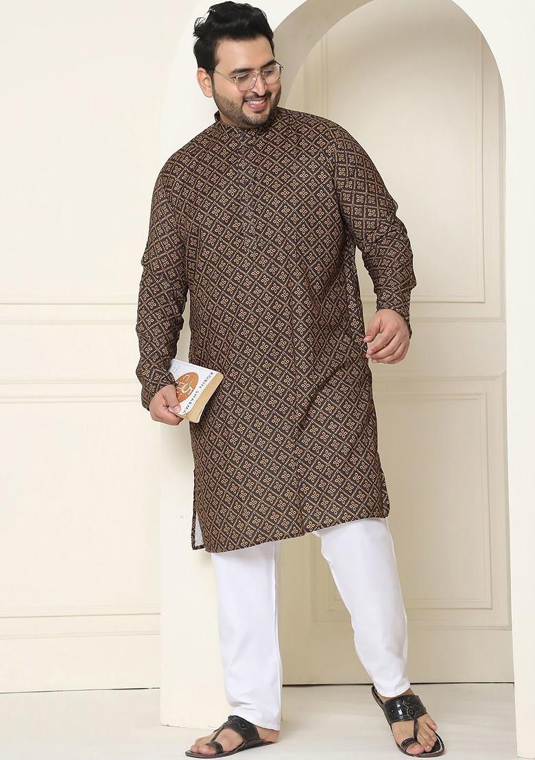 Black Ethnic Motifs Cotton Kurta Set For Men