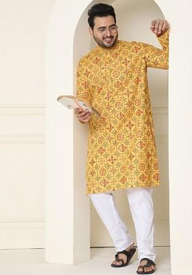 Yellow Ethnic Motifs Poly Blend Kurta Set For Men