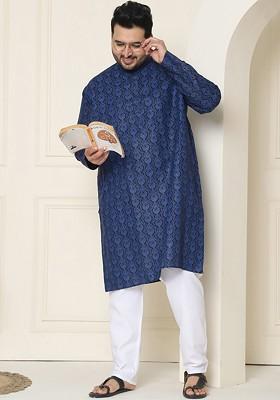 Navy Blue Ethnic Motifs Poly Blend Kurta Set For Men