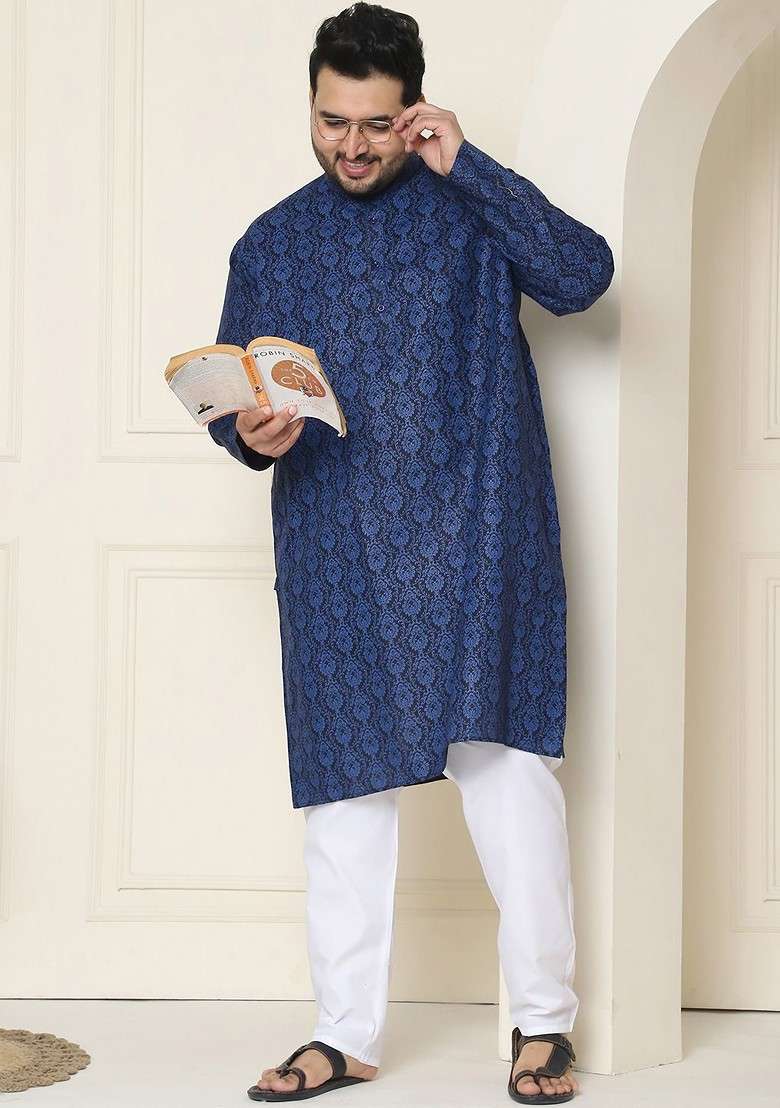 Navy Blue Ethnic Motifs Poly Blend Kurta Set For Men - Indya