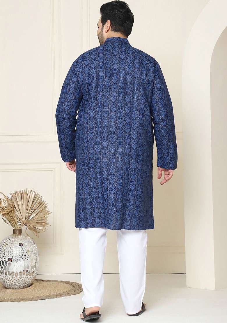Navy Blue Ethnic Motifs Poly Blend Kurta Set For Men - Indya