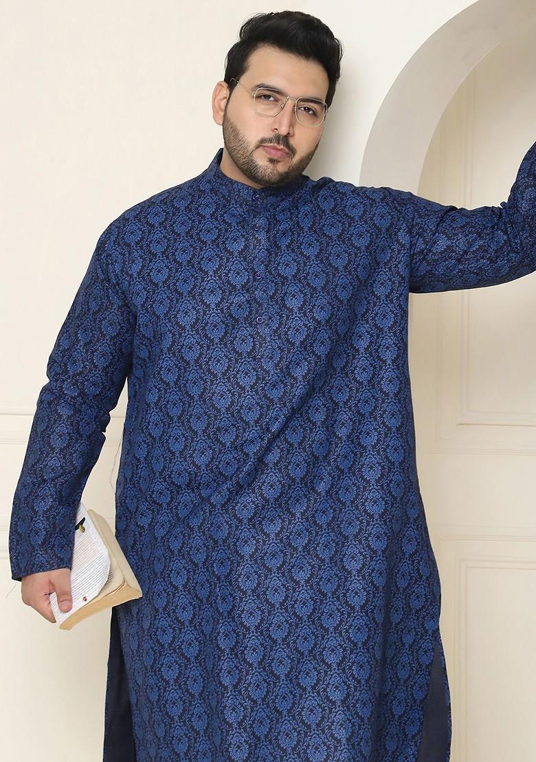 Navy Blue Ethnic Motifs Poly Blend Kurta Set For Men