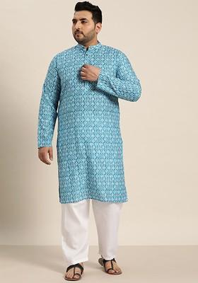 Turquoise Blue Printed Cotton Kurta Set For Men
