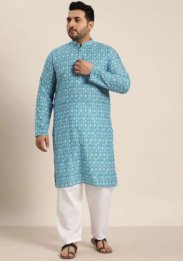 Turquoise Blue Printed Cotton Kurta Set For Men - Indya