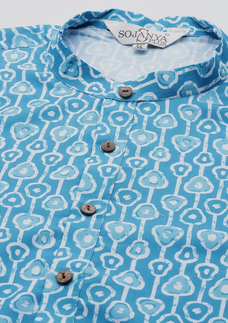 Turquoise Blue Printed Cotton Kurta Set For Men