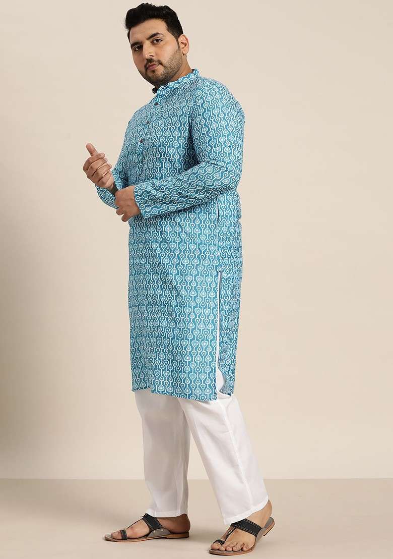 Turquoise Blue Printed Cotton Kurta Set For Men - Indya