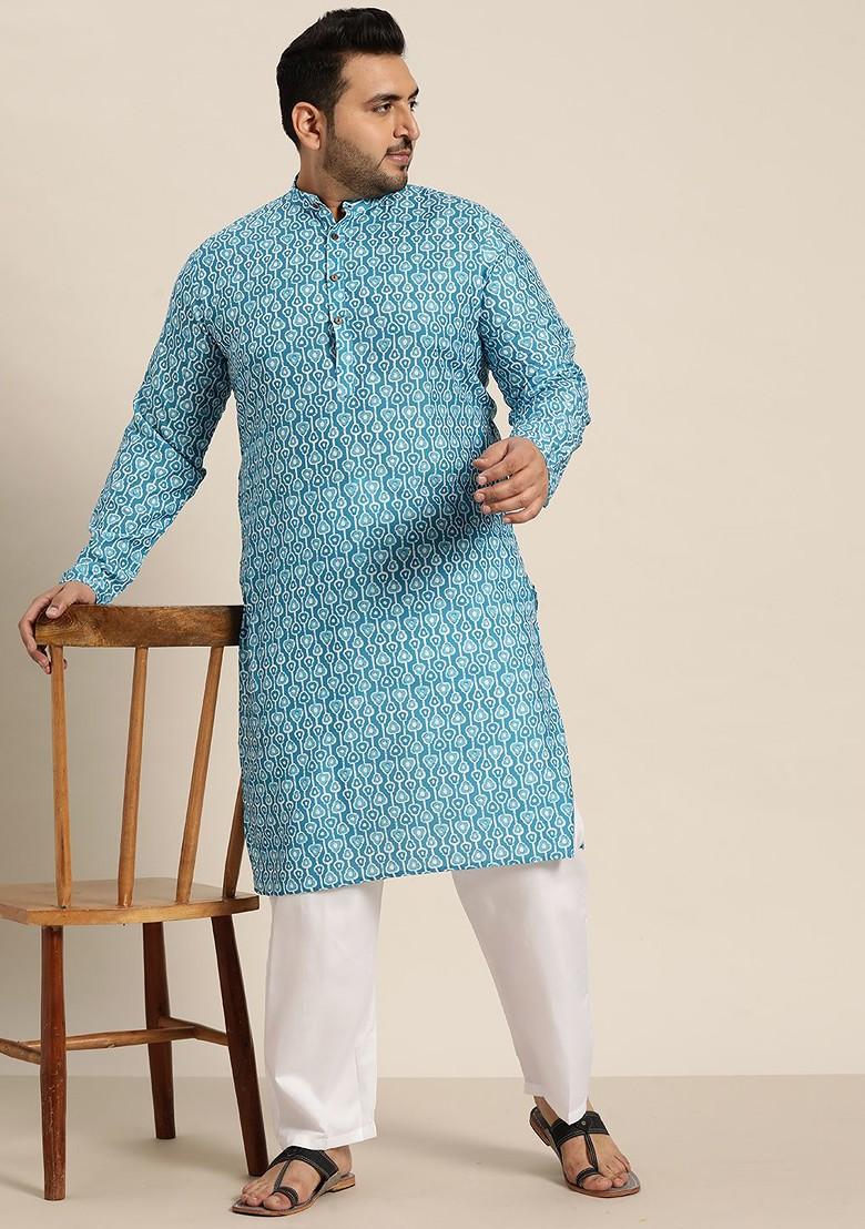 Turquoise Blue Printed Cotton Kurta Set For Men