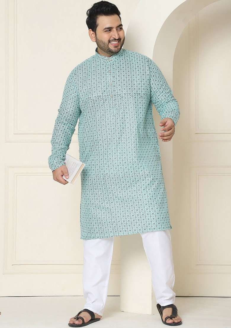 Sea Green Ethnic Motifs Poly Blend Kurta Set For Men - Indya