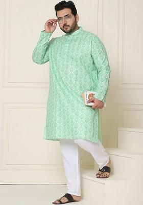 Green Printed Poly Blend Kurta Set For Men