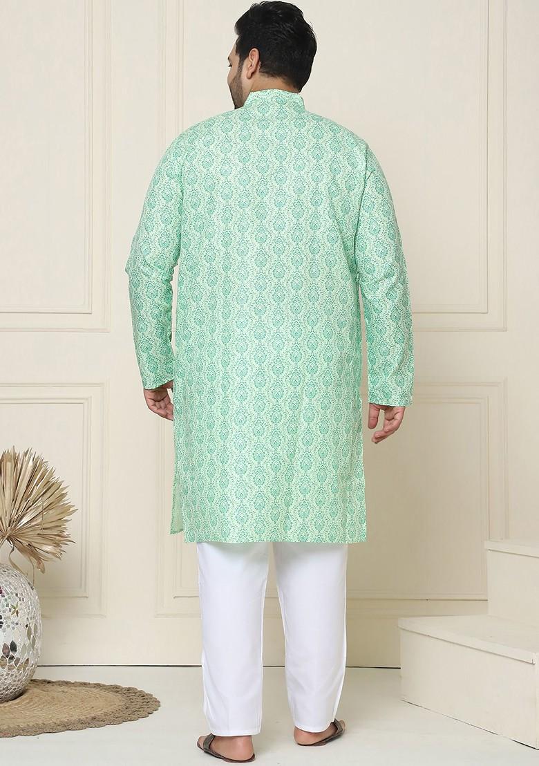 Green Printed Poly Blend Kurta Set For Men
