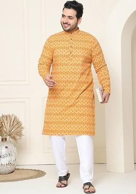 Mustard Printed Cotton Kurta Set For Men