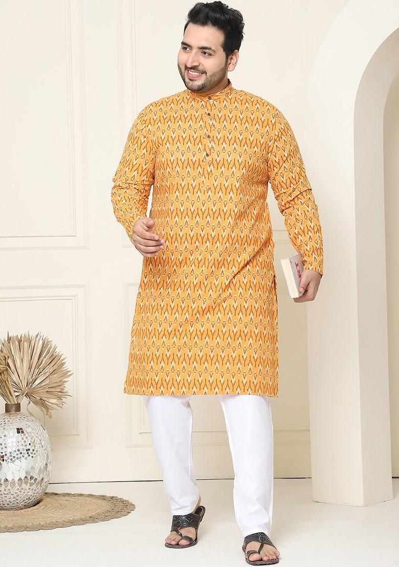 Mustard Printed Cotton Kurta Set For Men