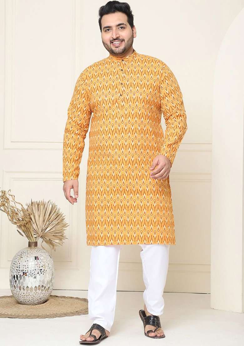 Mustard Printed Cotton Kurta Set For Men - Indya