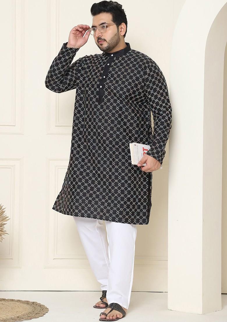 Black Embroidered Poly Blend Kurta Set For Men