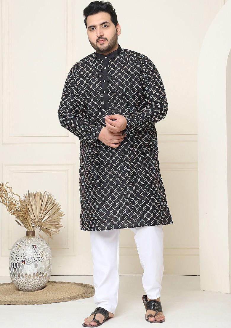 Black Embroidered Poly Blend Kurta Set For Men
